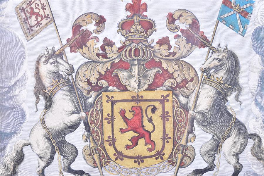 An original 17th century armorial coloured engraving 'The Arms of Scotland', 21 cm x 23 cm, glazed - Image 2 of 4