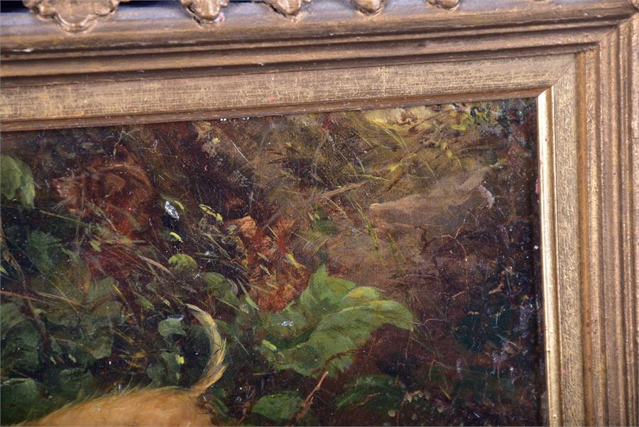 A small 19th century of a bounding terrier running through woodland undergrowth, oil on board ( - Image 4 of 6