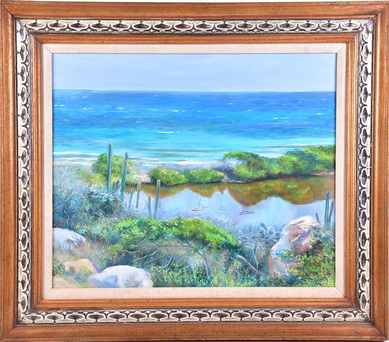 Millan (20th century) a tropical seascape with rocks, bushes and cacti in the foreground, signed