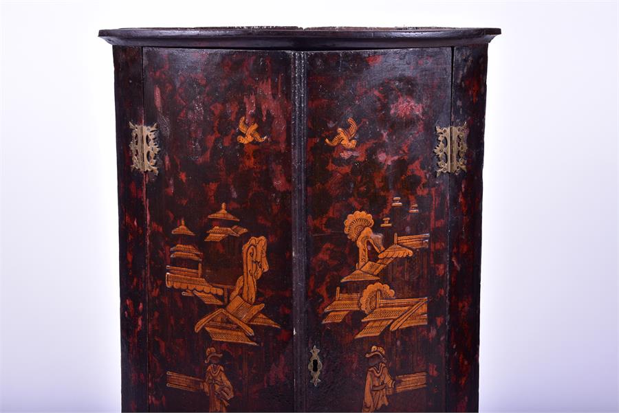 An 18th century painted pine chinoiserie corner cabinet of bow fronted form, the doors painted - Image 3 of 7