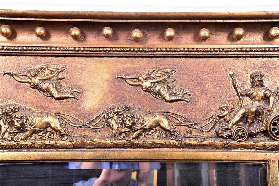 A large gilt overmantle triptych mirror   with Corinthian style columns flanking a relief decoration - Image 2 of 4