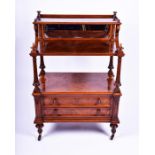 A late Victorian burr walnut three-tier buffet with mirror backed top section and scroll and