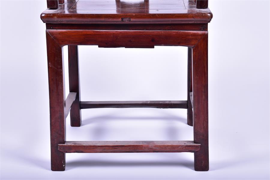 A Chinese hardwood horse shoe back armchair the central back splat carved with a mother and child - Image 5 of 6