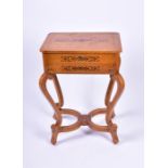 A 20th century French satin birch work box with inlaid rising top, fitted interior and a drawer