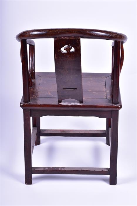 A Chinese hardwood horse shoe back armchair the central back splat carved with a mother and child - Image 2 of 6