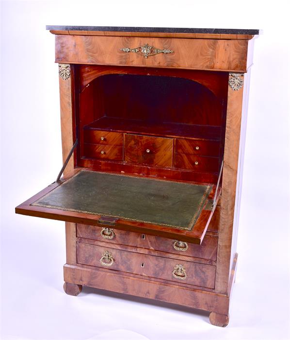 A French Empire style mahogany secretaire chest  with marble top over upper slide, the drop flap - Image 2 of 3