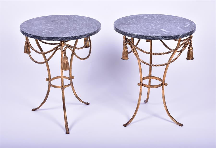 A pair of French marble top gilt side tables the circular veined marble top mounted below with - Image 3 of 4