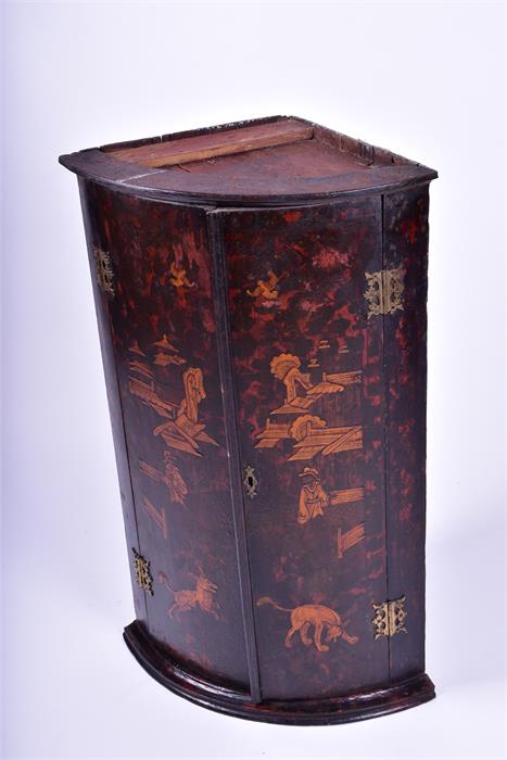 An 18th century painted pine chinoiserie corner cabinet of bow fronted form, the doors painted - Image 7 of 7