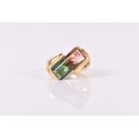 An unusual 18ct yellow gold and watermelon tourmaline ring in the Modernist taste, set with an