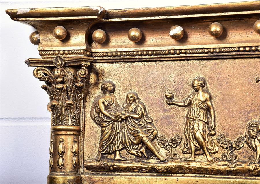 A large gilt overmantle triptych mirror   with Corinthian style columns flanking a relief decoration - Image 3 of 4