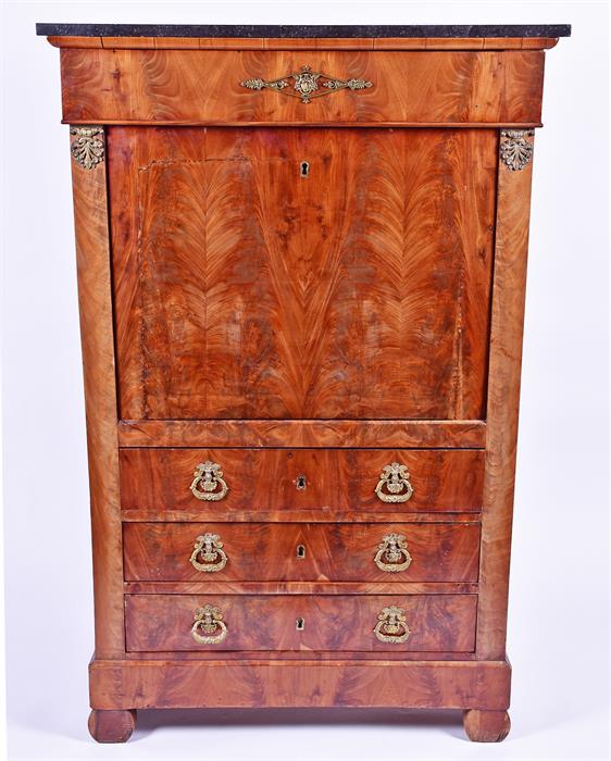 A French Empire style mahogany secretaire chest  with marble top over upper slide, the drop flap