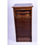 An early 20th century oak tambour fronted clerk's cabinet with green leather top, the front