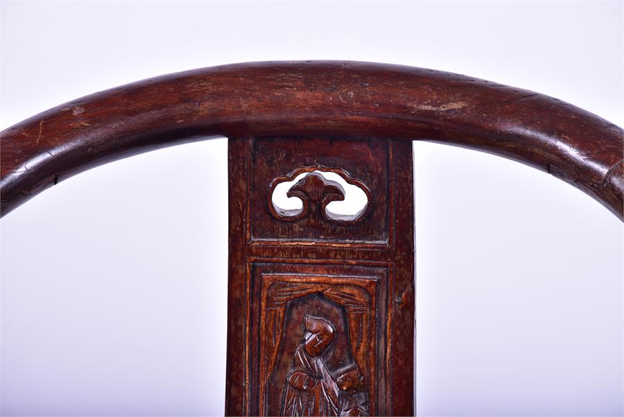 A Chinese hardwood horse shoe back armchair the central back splat carved with a mother and child - Image 4 of 6