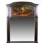 A large 19th century ebonised wall mirror with painted frieze depicting two lovers beneath a tree,