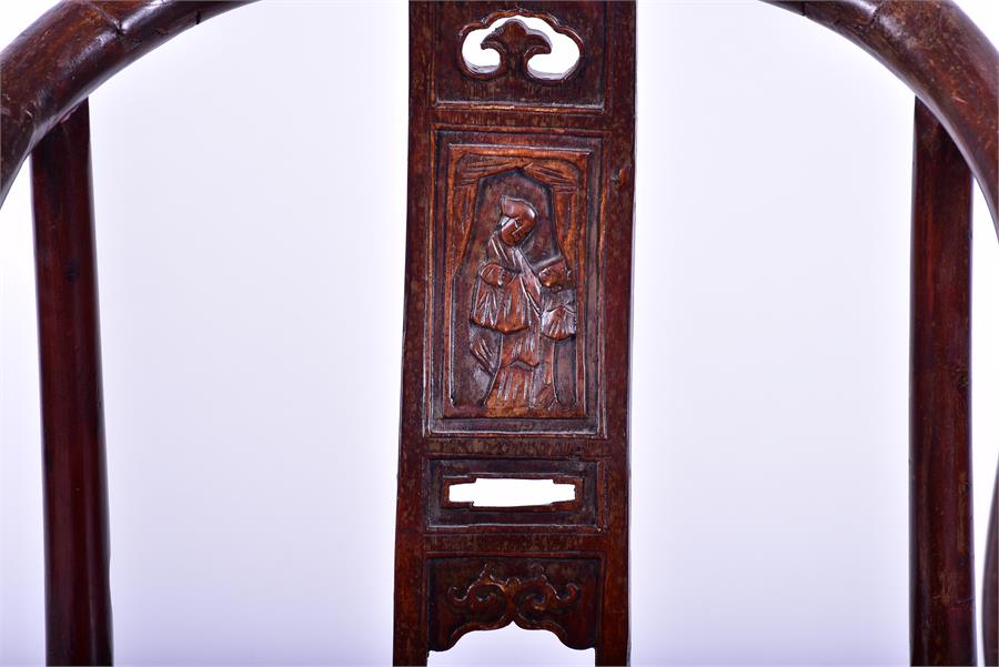 A Chinese hardwood horse shoe back armchair the central back splat carved with a mother and child - Image 3 of 6