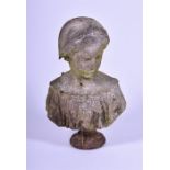 A weathered marble bust of a young maiden realistically carved with a head scarf and an off the