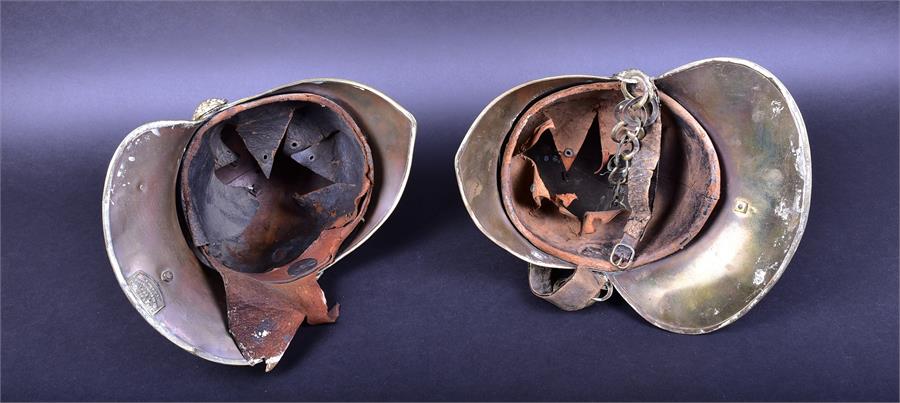 A set of two late 19th/early 20th century Merryweather & Sons brass fireman helmets each mounted - Image 6 of 6