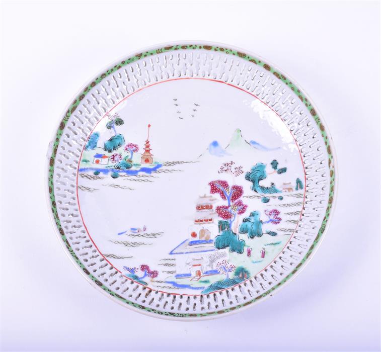 An 18th century Chinese Famille Rose porcelain plate the pierced rim plate decorated with polychrome