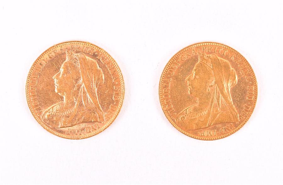 MIXED COINS, GREAT BRITAIN. Victoria, Sovereigns, 1899 P, 1900 Obv: Veiled bust left. Rev: St George