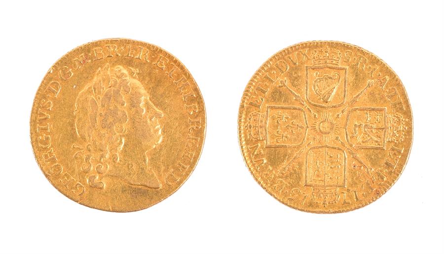 GEORGE I, 1714-27. GUINEA, 1715. Obv: Second laureate bust right. Rev: Crowned cruciform shields