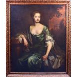 Manner of Sir Peter Lely an 18th century portrait of a noble woman wearing a green and white silk