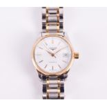 A ladies Longines two tone automatic wristwatch the white dial with baton hour markers and date