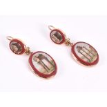 A pair of yellow metal and micro mosaic drop earrings each with a smaller oval plaque above a