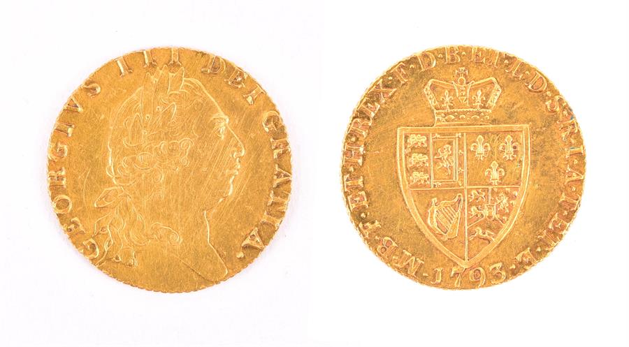 GEORGE III, 1760-1820. GUINEA, 1793 Obv: Laureate bust right. Rev: Crowned 'spade'-shaped shield.