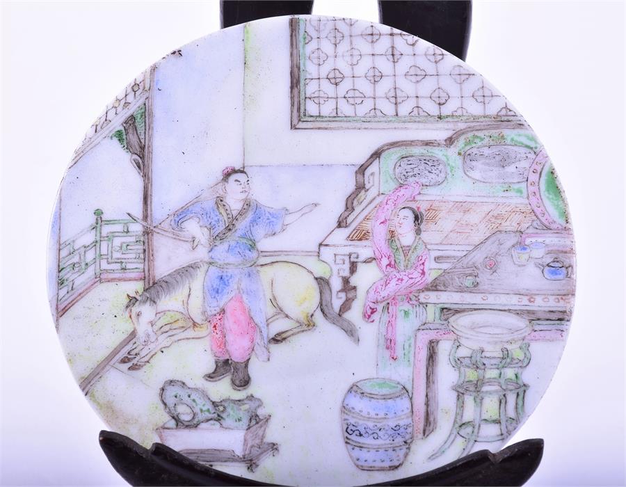 A late 18th/early 19th century Chinese Famille Rose milk glass plaque of circular shape, decorated - Image 3 of 7