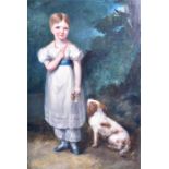 A 19th century English school A naive portrait of a young girl holding flowers, a spaniel seated