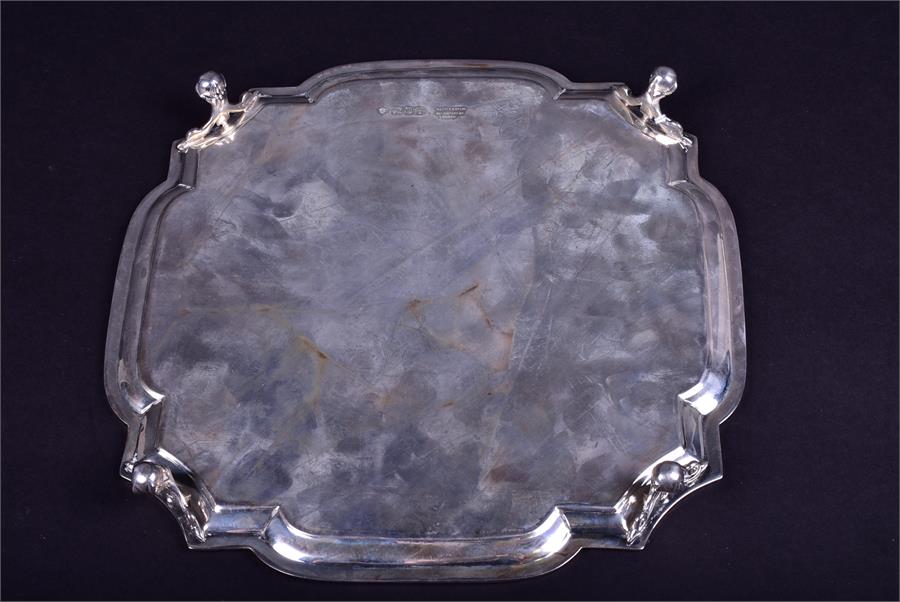 A George V silver salver of shaped square form by Edward Barnard & Sons Ltd, London 1926, on four - Image 4 of 4