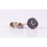 A 9ct yellow gold and multi-gem ring set with various gemstones, size P, together with a yellow