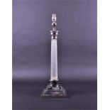 A large chrome and cut glass table lamp base with cut-glass column, on stepped square base, 58 cm