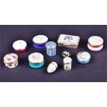 A collection of Halcyon days enamel boxes depicting floral arrangements, Queen Elizabeth II, an