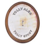 A Tolly Ales Tolly Stout oval wall mirror decorated with a central image of a nude dancing woman, in