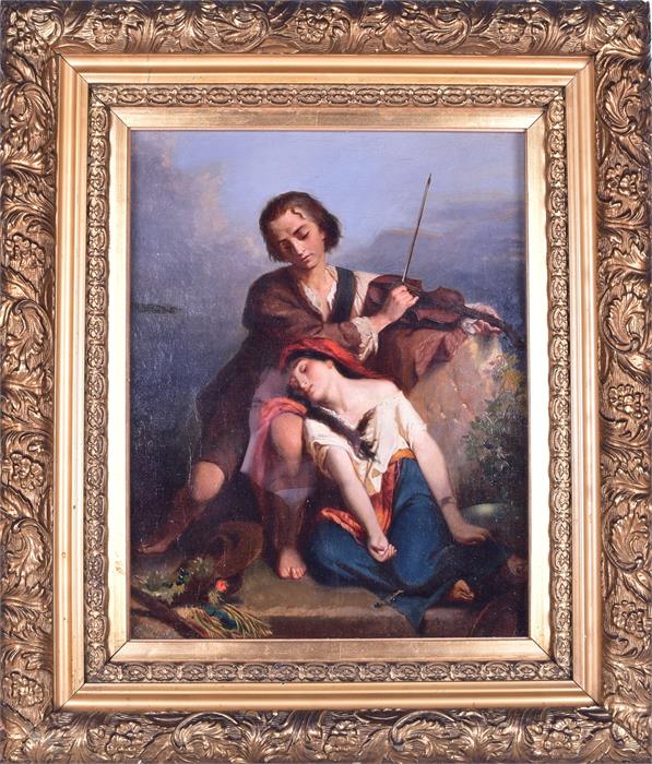 19th century Italian school a young violinist serenades a slumbering girl, the figures sit on a