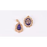 An 18ct yellow gold, enamel and sapphire pendant inset with pear-shaped enamel decorated in cobalt