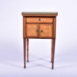 A Louis XVI kingwood and fruitwood marquetry and parquetry 'coffre a bijoux' the white marble top