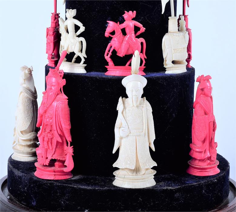 A later 19th Century Chinese Canton ivory chess set one side natural, the other stained red, in a - Image 11 of 15