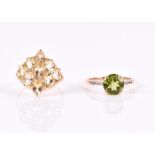 A 9ct yellow gold and peridot ring size R 1/2, together with a 9ct yellow gold and yellow beryl