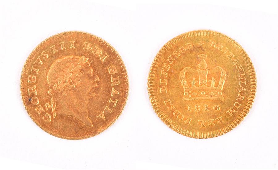 GEORGE III, 1760-1820. THIRD-GUINEA, 1810 Obv: Laureate head right. Rev: Crown and date within