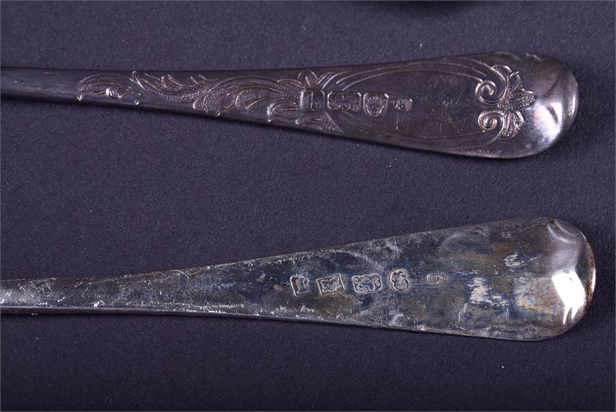 A collection of 18th century and later silver fruit spoons comprising one trio and two pairs, - Image 8 of 9