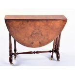 A Victorian burr walnut veneered sutherland table of oval shape, supported on tapering turned