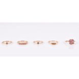 Five 9ct yellow gold rings to include yellow, orange, and Padparadascha peach sapphire rings,