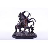 A cast bronze study of a Marley horse and handler standing on a shaped slate base, 33 cm high x 30.5