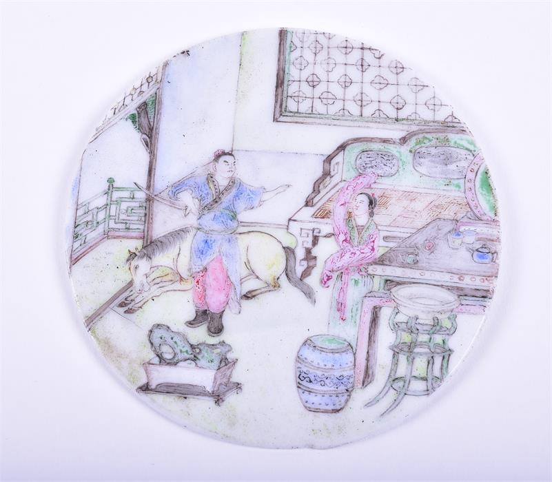 A late 18th/early 19th century Chinese Famille Rose milk glass plaque of circular shape, decorated - Image 4 of 7