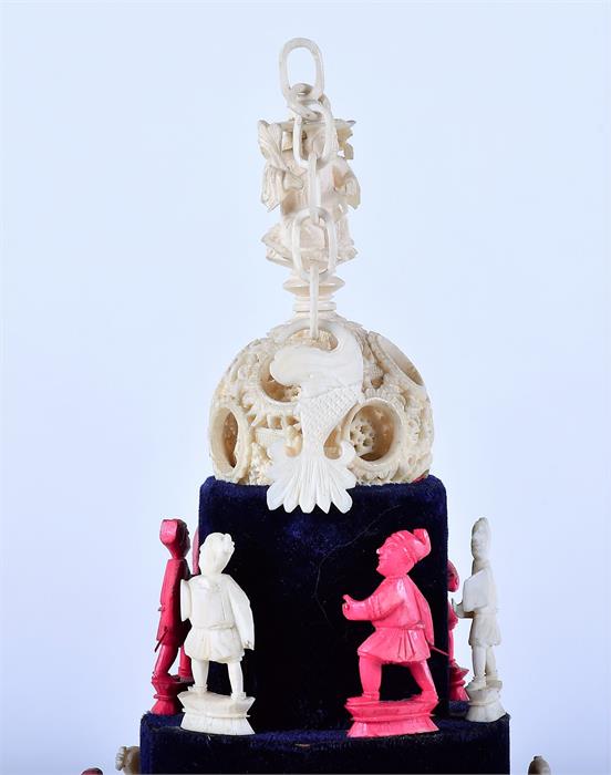 A later 19th Century Chinese Canton ivory chess set one side natural, the other stained red, in a - Image 9 of 15