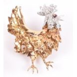 A Tiffany 18ct yellow and white gold brooch naturalistically modelled as a cockerel, with ruby-set