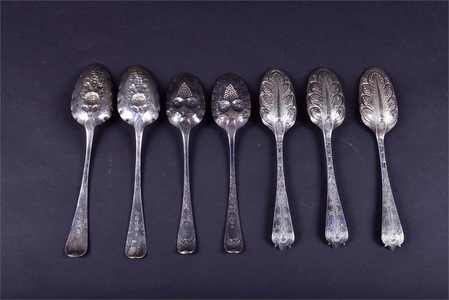 A collection of 18th century and later silver fruit spoons comprising one trio and two pairs, - Image 7 of 9