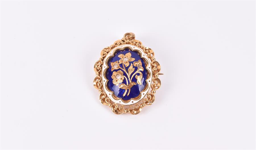 An 18ct yellow gold, enamel and sapphire pendant inset with pear-shaped enamel decorated in cobalt - Image 2 of 5